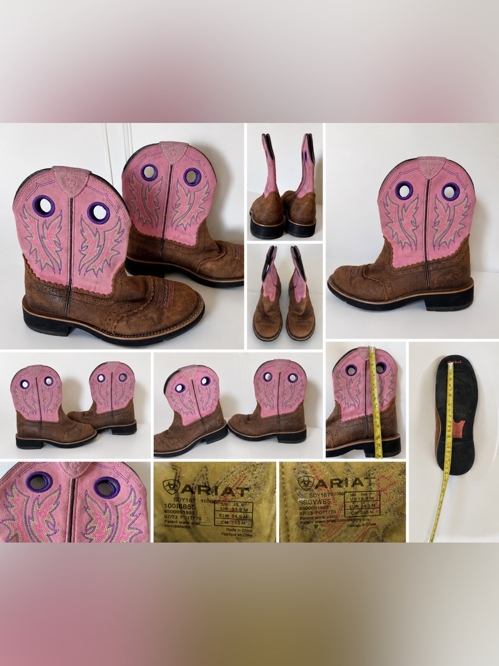 Ariat Girls Western Cowboy Boots Pink Brown Distressed Leather Size 6.5Y